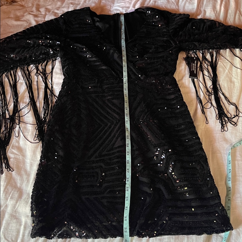 Venus NWT Black Sequin Bell Sleeve Fringe V-Neck Mini Dress - Picture 15 of 15